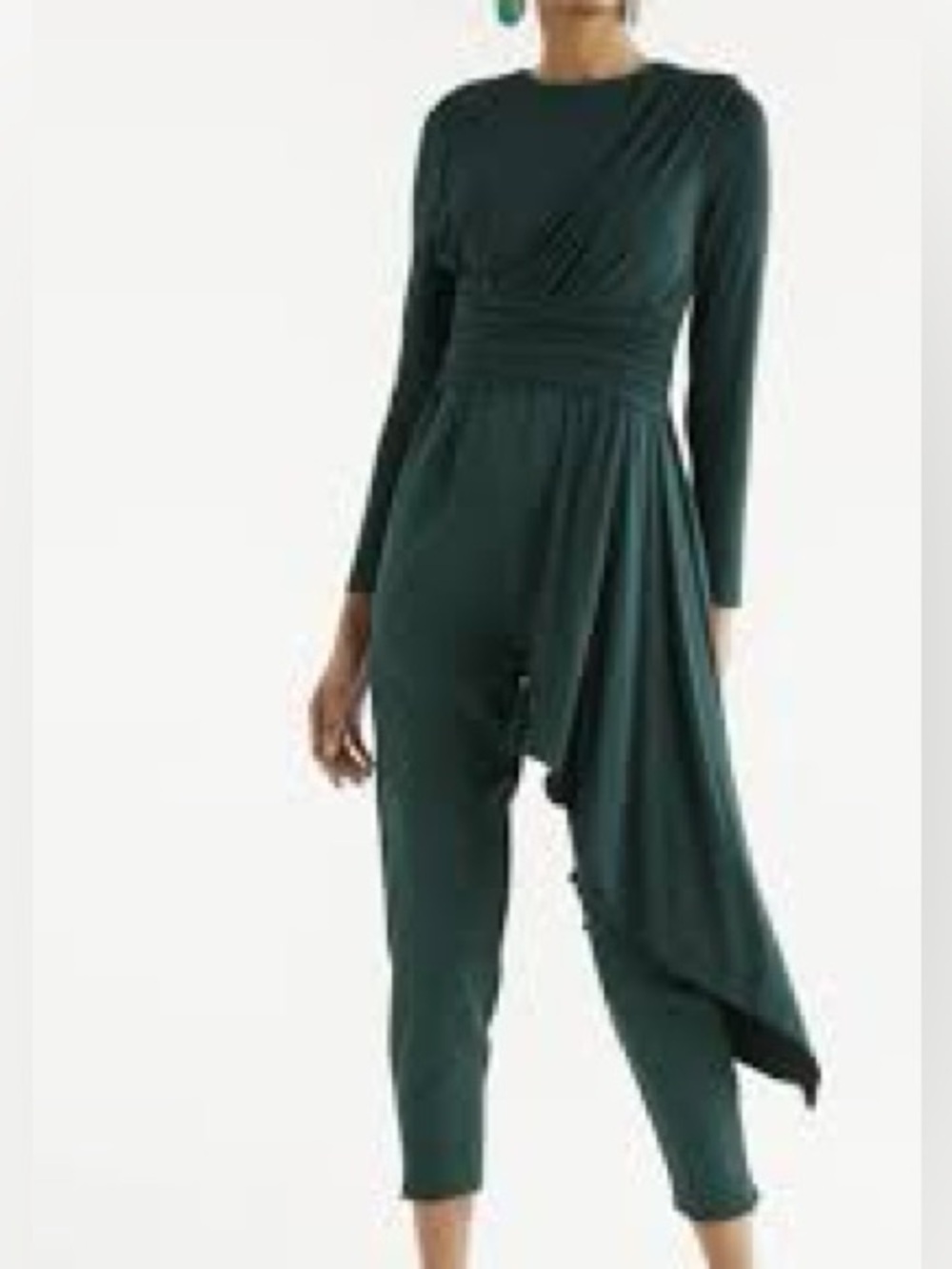 Paisie Dark Green Asymmetrical Draped Long Sleeve Jumpsuit Size 10